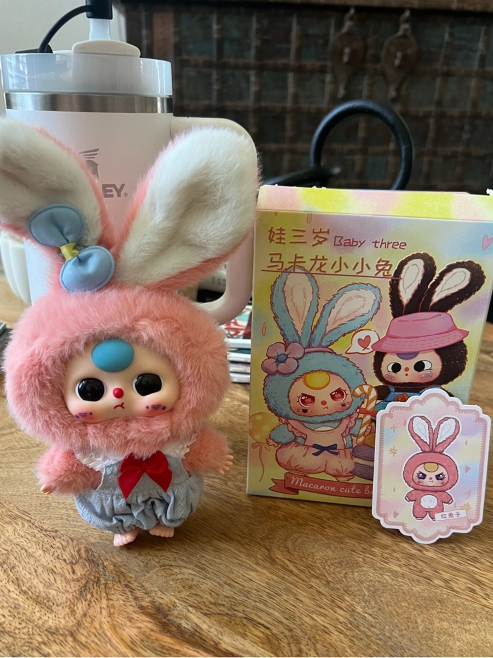 Baby Three Macaron Cute Bunny - Pink Bunny Plush Doll with Blue outfit